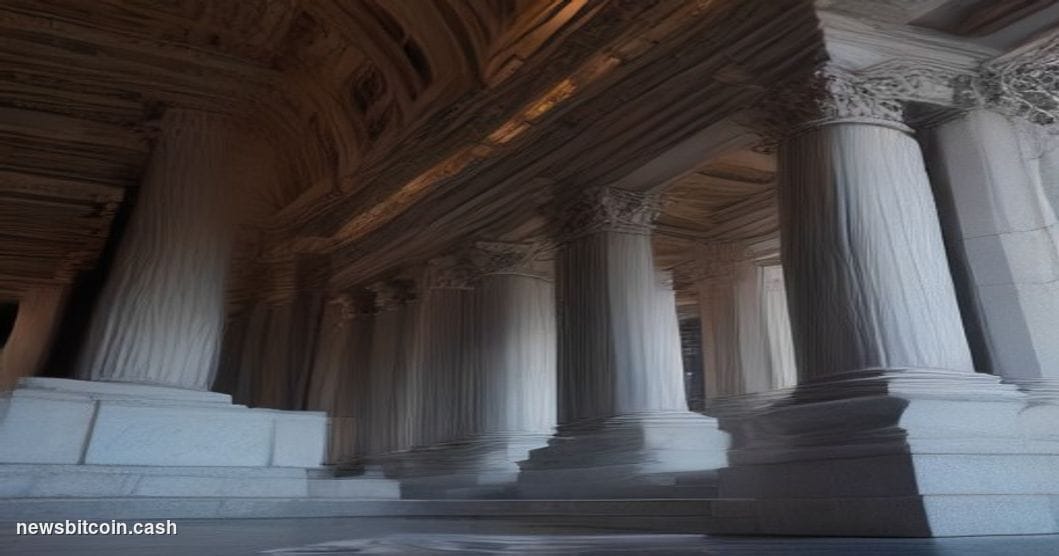 Cinematic photorealistic editorial photograph of the U.S. Department of the Treasury building in Washington D.C., shot from a