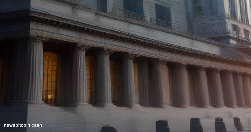 Cinematic photorealistic editorial photograph of the United States Department of the Treasury building in Washington D.C., sh