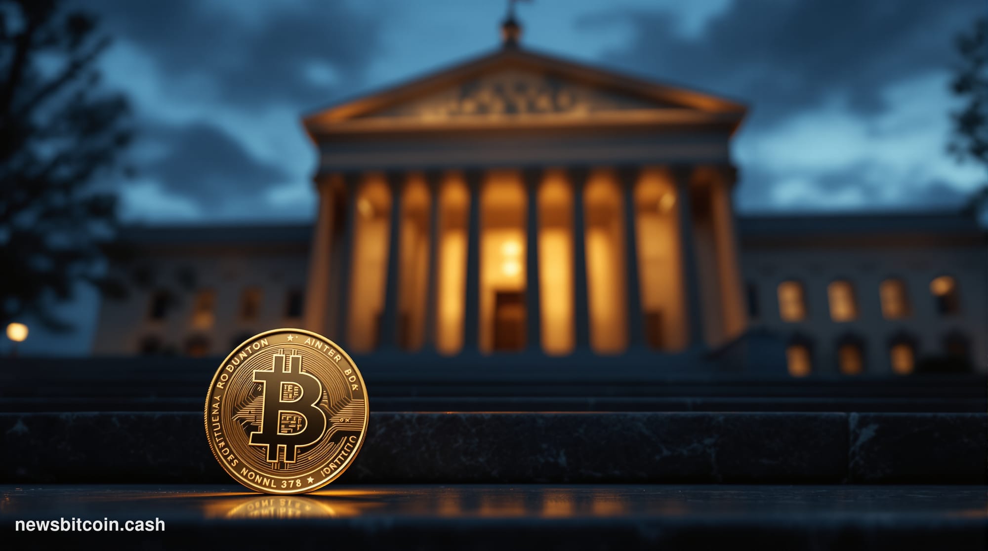Cinematic photorealistic editorial photograph of the US Treasury Building in Washington D.C., shot at dusk from a low angle l