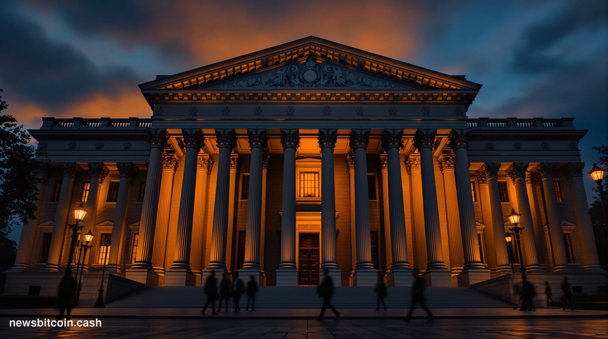 Cinematic photorealistic editorial photograph of the U.S. Department of the Treasury building in Washington D.C., shot from a