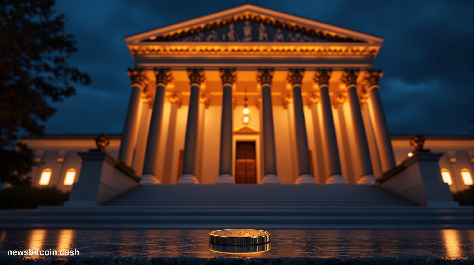 A cinematic photorealistic editorial photograph of the U.S. Department of the Treasury building in Washington D.C., shot from