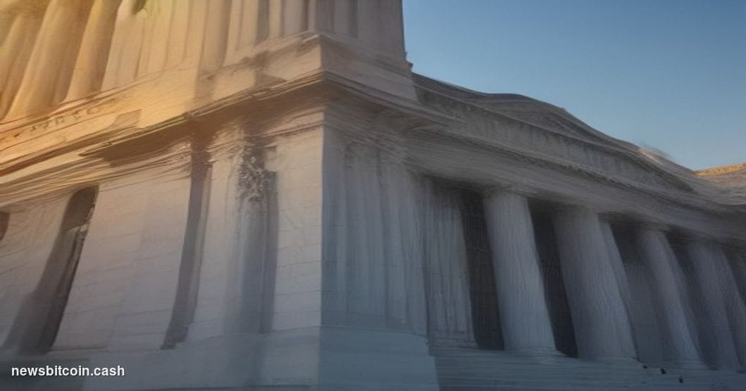 Cinematic photorealistic editorial photograph of the U.S. Department of the Treasury building in Washington D.C., shot from a