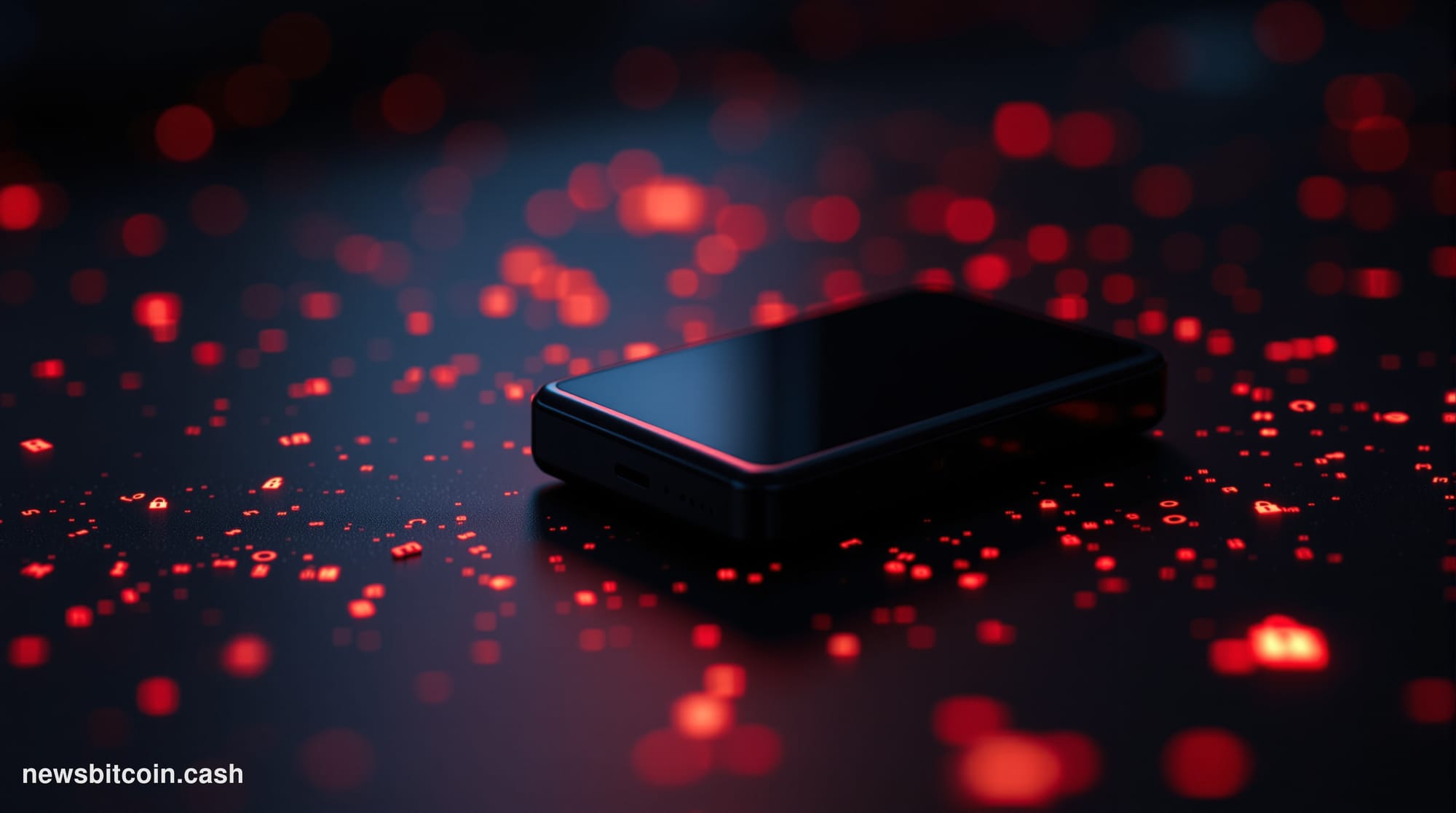 Cinematic photorealistic editorial photograph of a Trezor hardware wallet device — the distinctive small black rectangular de