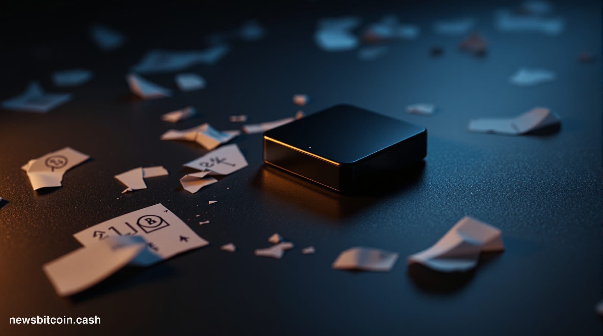 Cinematic photorealistic editorial photograph of a Trezor hardware wallet device — small, black, rectangular — resting on a d