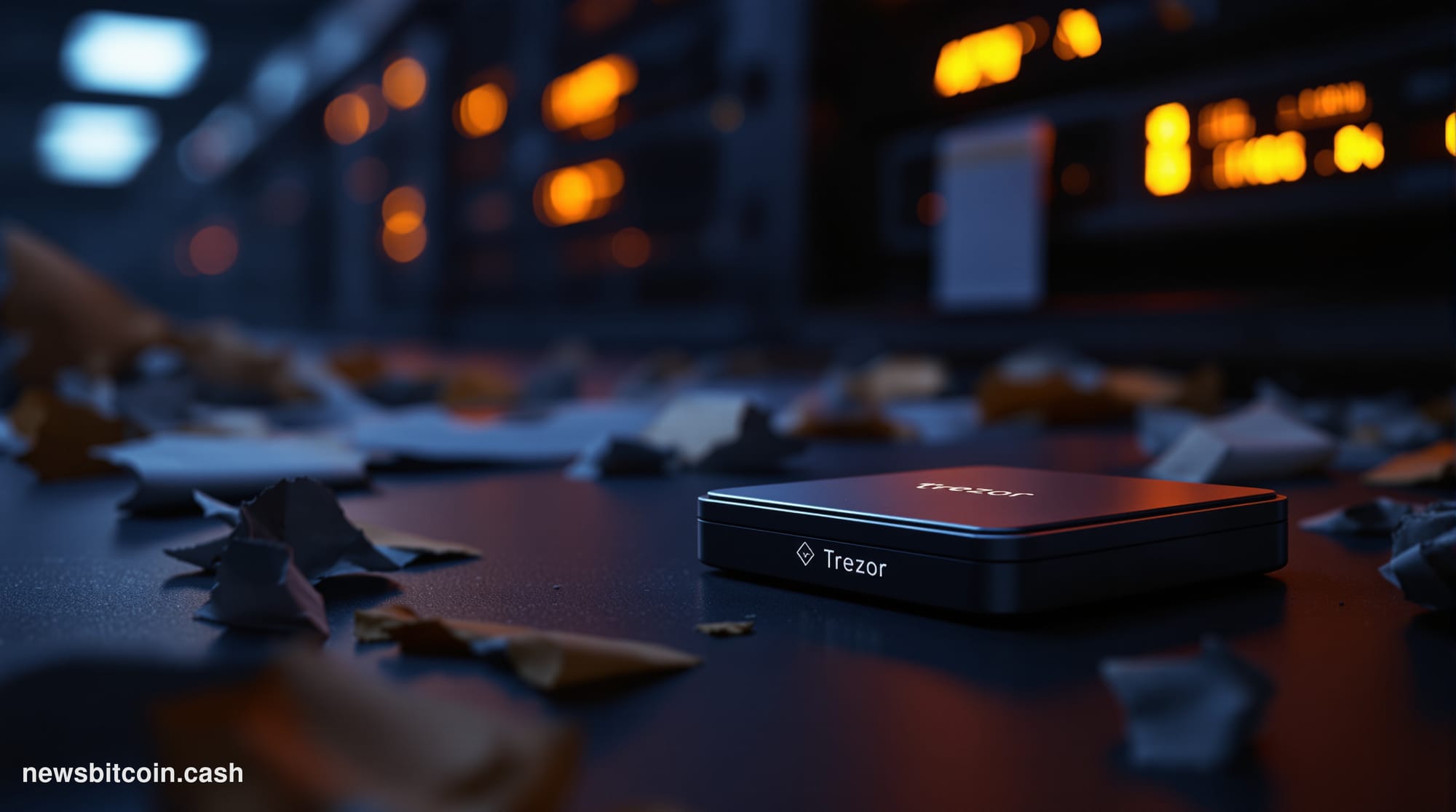 Cinematic photorealistic editorial photograph of a Trezor hardware wallet device sitting on a dark matte surface, sharply lit