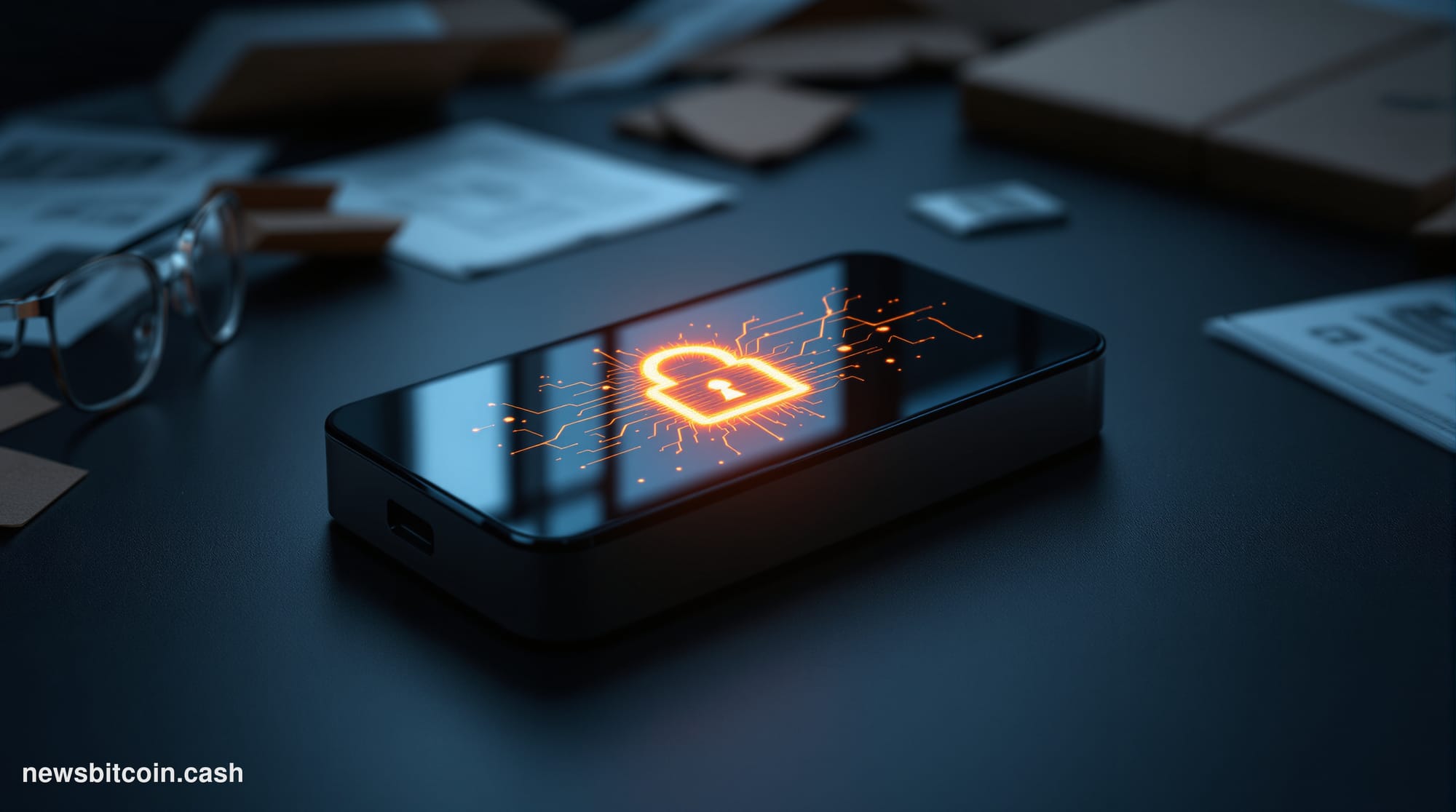 Cinematic photorealistic editorial photograph of a Trezor-branded hardware wallet device sitting on a dark matte surface, wit