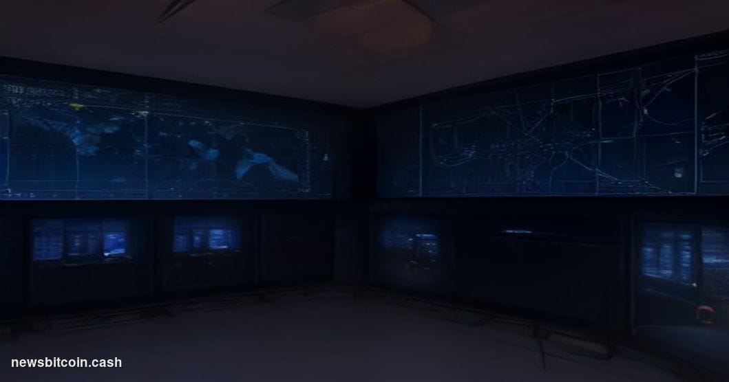 Cinematic photorealistic editorial photograph of a dimly lit server room interior with multiple monitors displaying blockchai