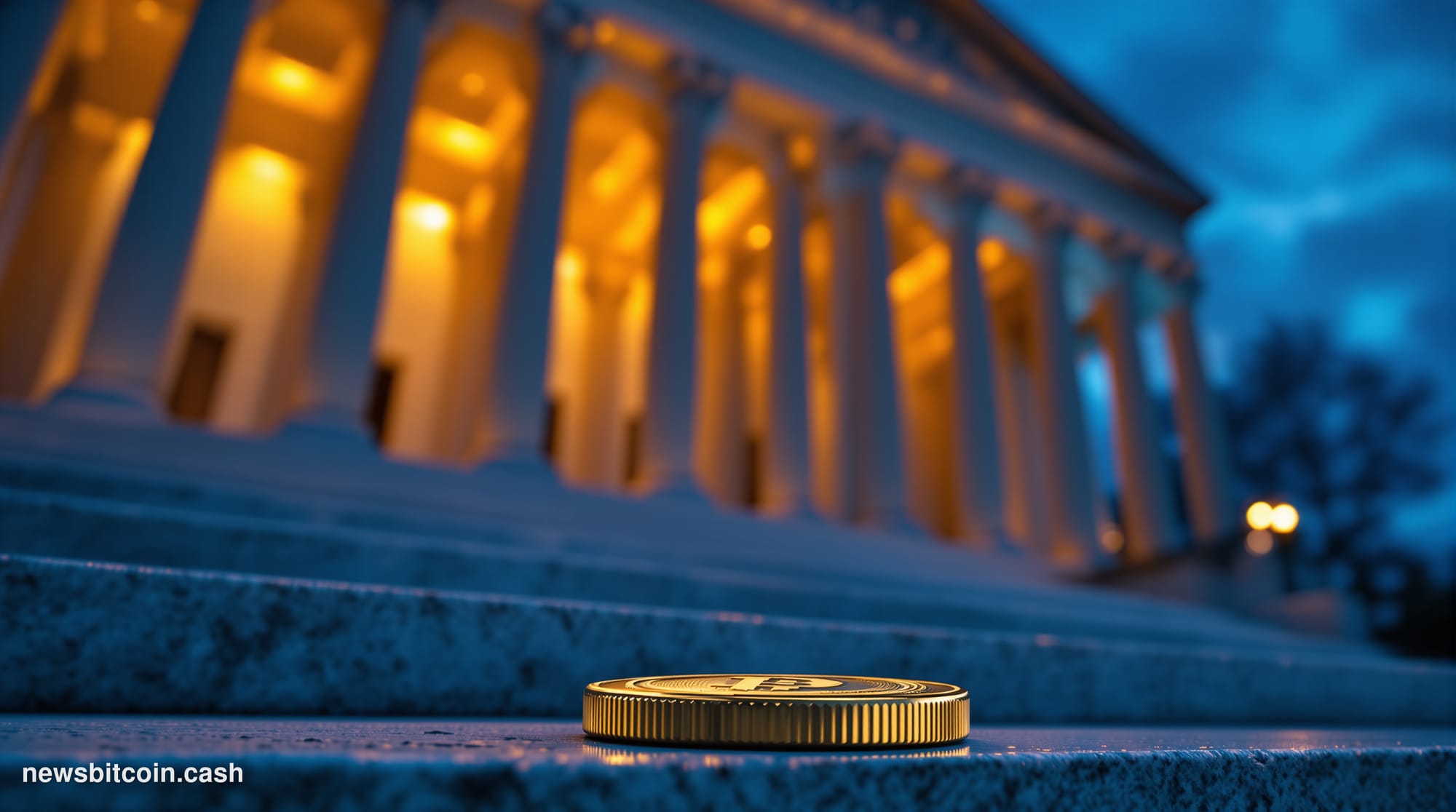 Cinematic photorealistic editorial photograph of the U.S. Treasury Department building in Washington D.C. shot at dusk from a