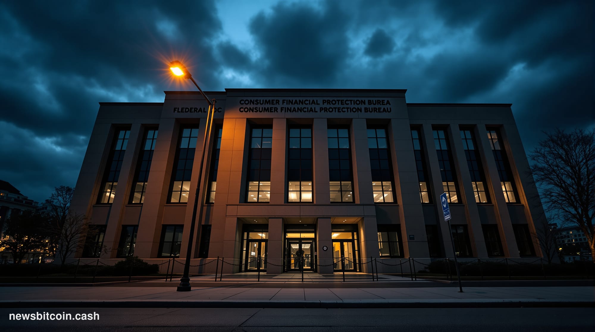 A cinematic photorealistic editorial photograph of the Consumer Financial Protection Bureau headquarters building in Washingt