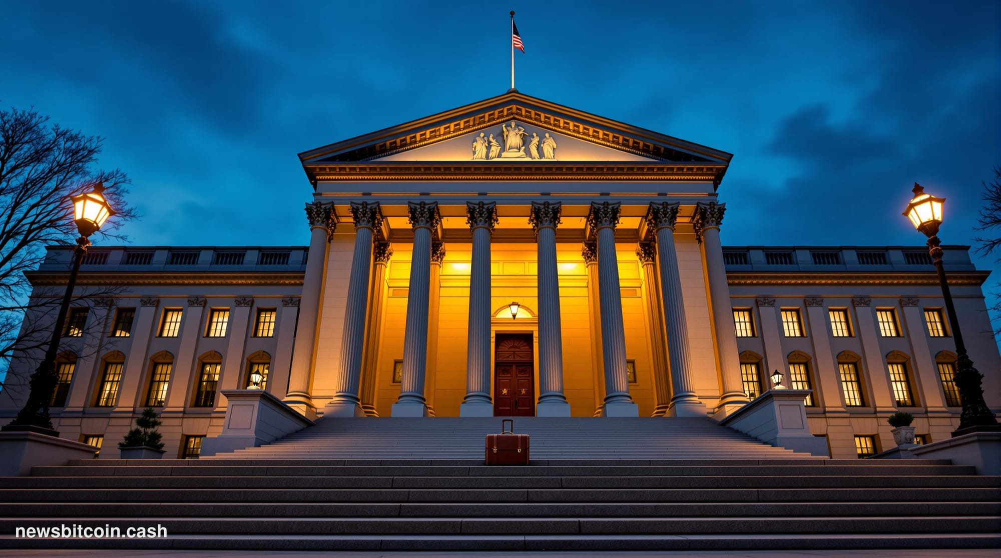 Cinematic photorealistic editorial photograph of the United States Treasury Building in Washington D.C., shot at dusk with wa