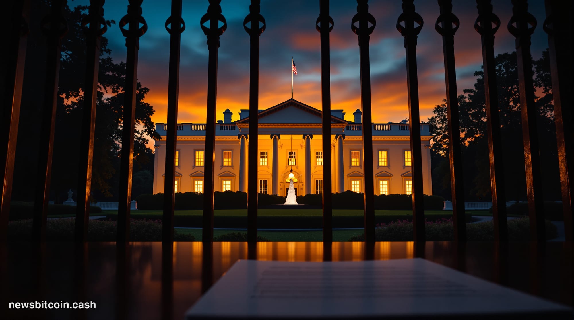 Cinematic photorealistic editorial photograph of the White House's South Portico at dusk, seen through ornate iron security g
