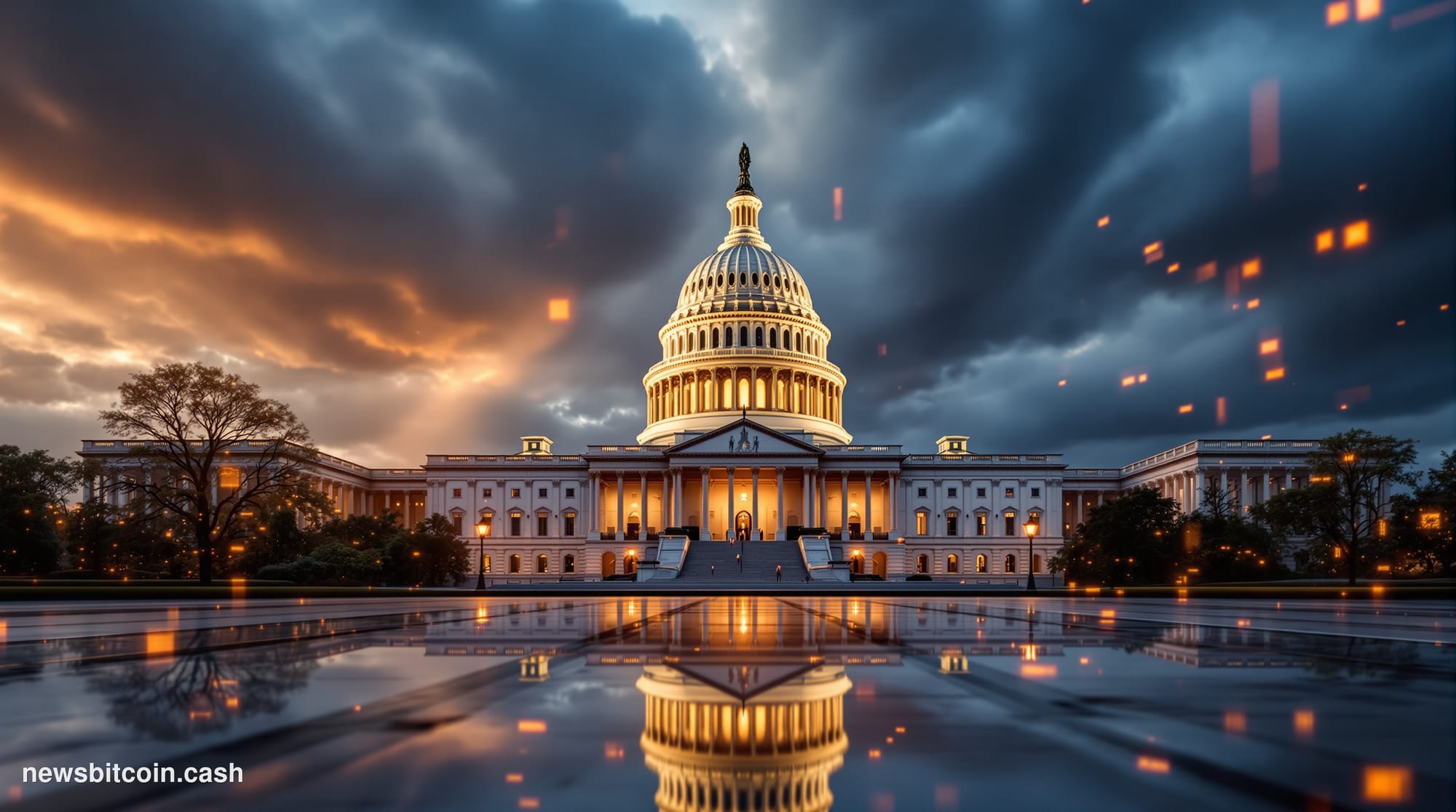Cinematic photorealistic editorial photograph of the United States Capitol building at dusk, shot from a low angle on the wes