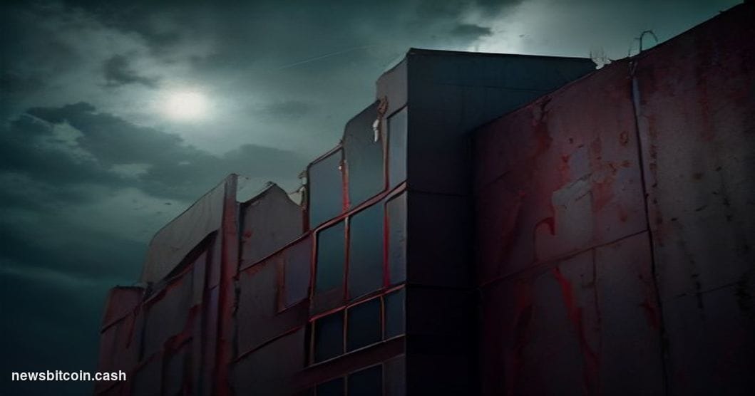 Cinematic photorealistic editorial photograph shot from a low angle looking up at a crumbling gold facade bearing the words "