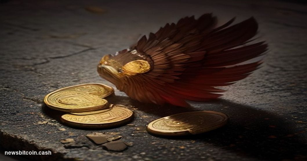Cinematic photorealistic editorial photograph of a shattered gold coin bearing a stylized eagle emblem lying in fragments on 