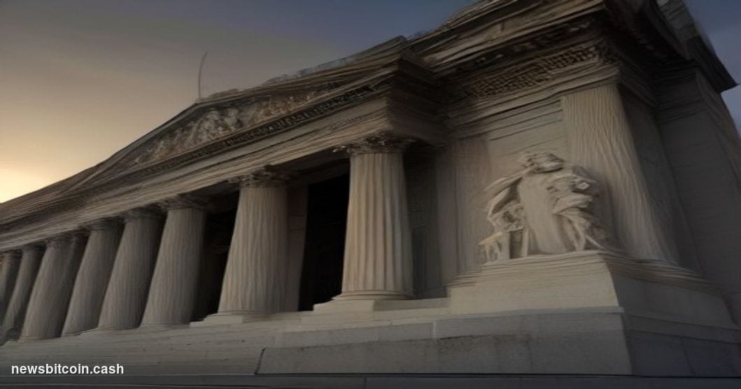 Cinematic photorealistic editorial photograph of the U.S. Treasury Department's neoclassical headquarters building in Washing