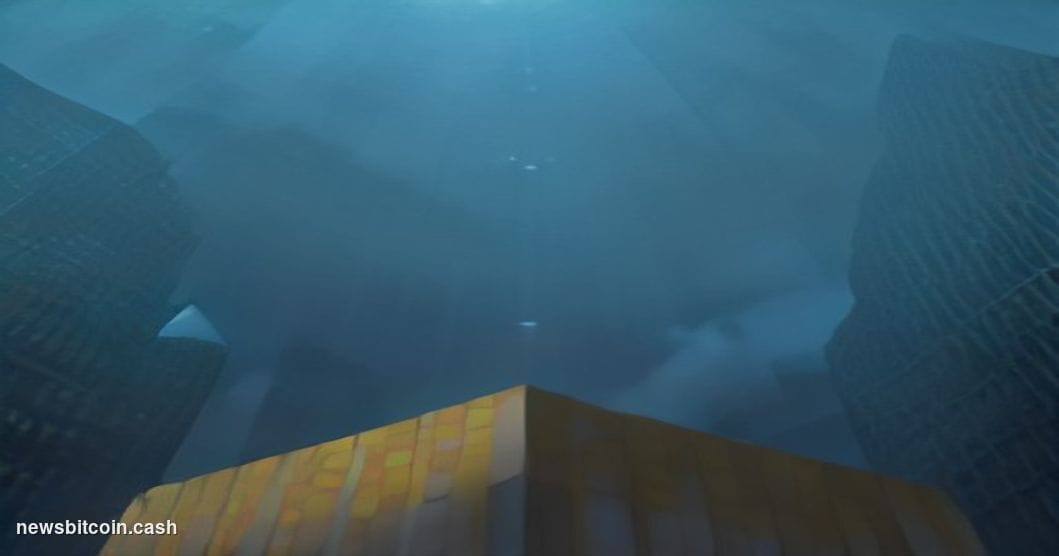 A cinematic photorealistic editorial photograph taken from a low angle looking up at the exterior of Trump Media's corporate 