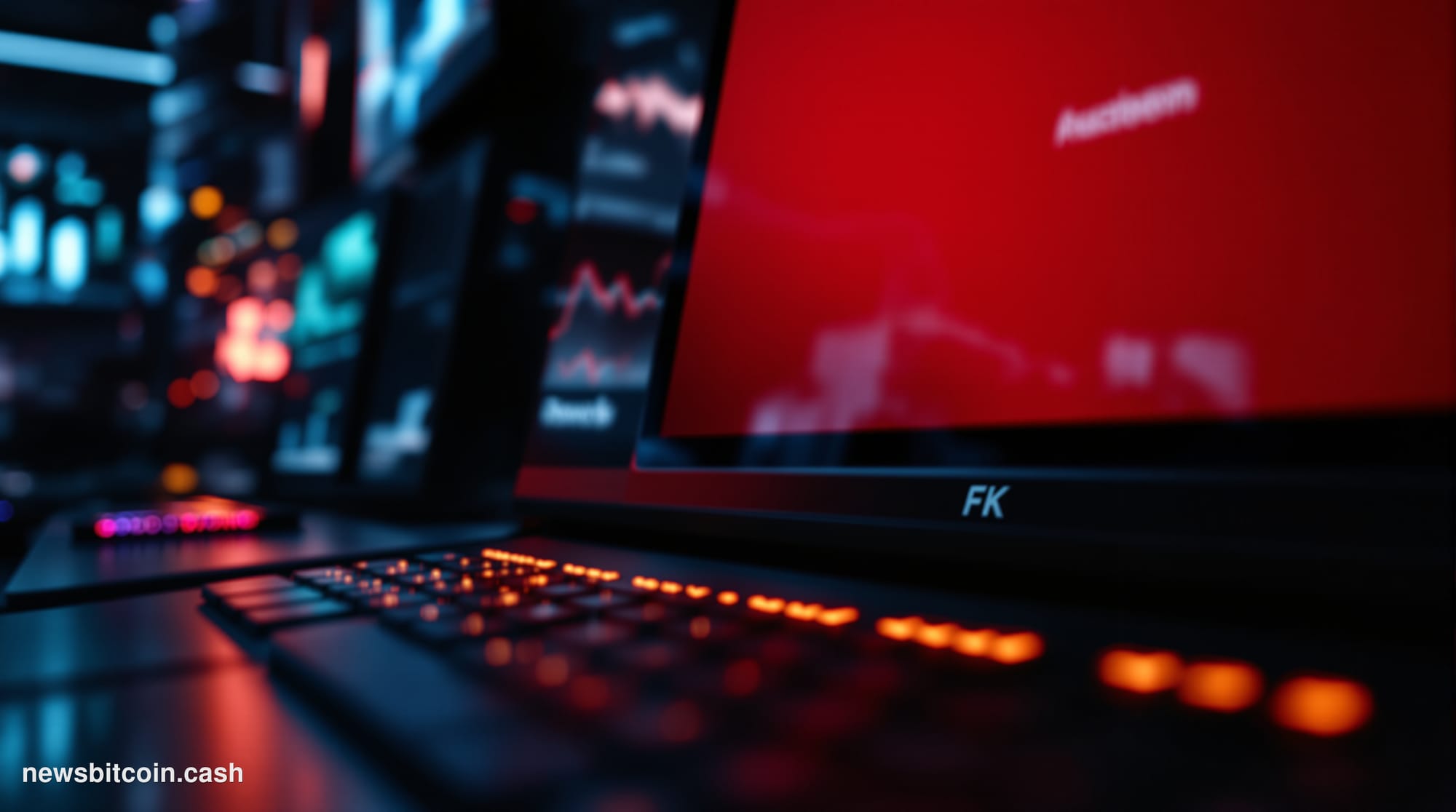 A cinematic photorealistic editorial photograph of a darkened trading floor terminal screen displaying a red "DISCONTINUED" o