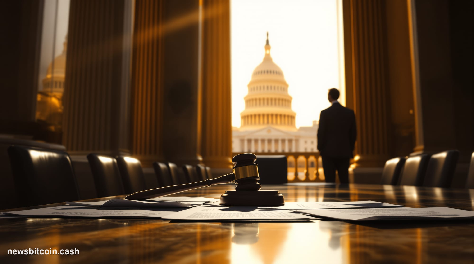 Cinematic photorealistic editorial photograph set inside a dramatic, high-ceilinged Washington D.C. federal building corridor