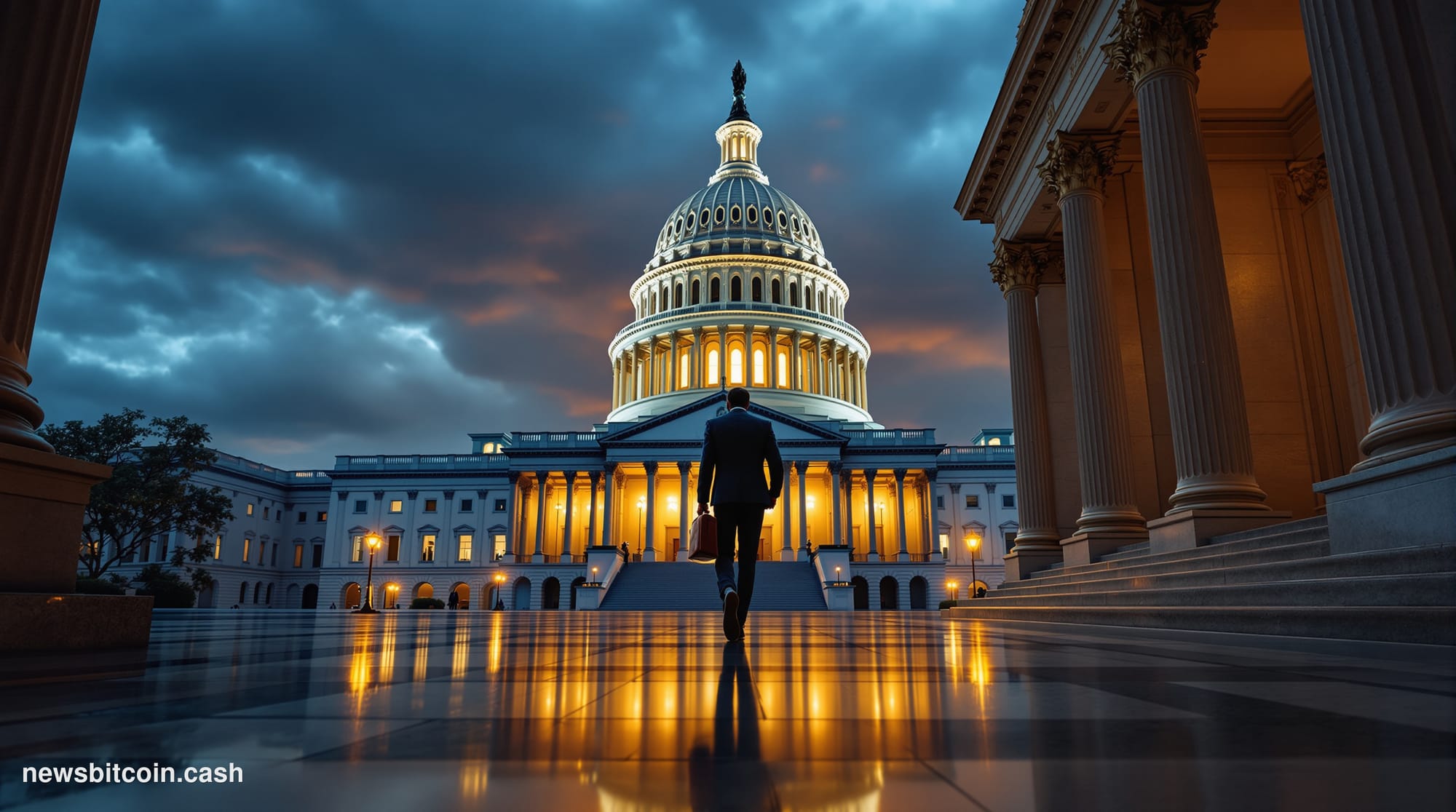 A cinematic photorealistic editorial photograph shot from a low angle looking up at the United States Capitol building dome i