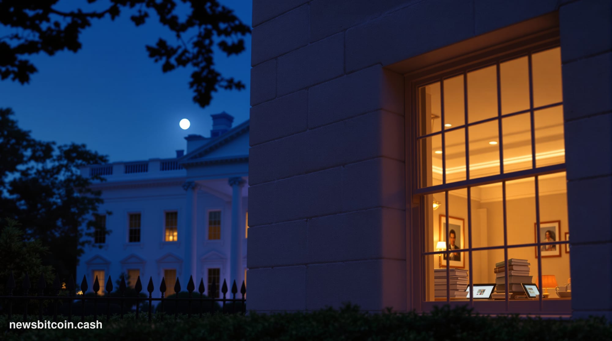 Cinematic photorealistic editorial photograph of the White House's West Wing exterior at dusk, shot from a low angle on Penns