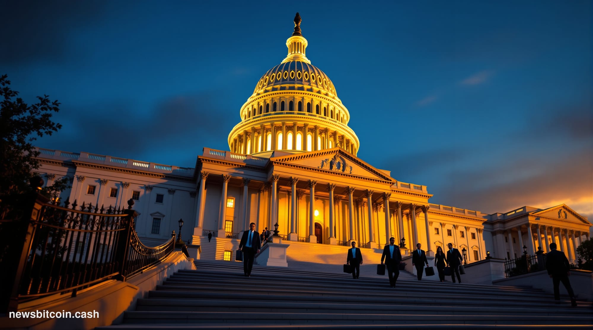 Cinematic photorealistic editorial photograph of the exterior of the United States Capitol building at dusk, dramatic golden-