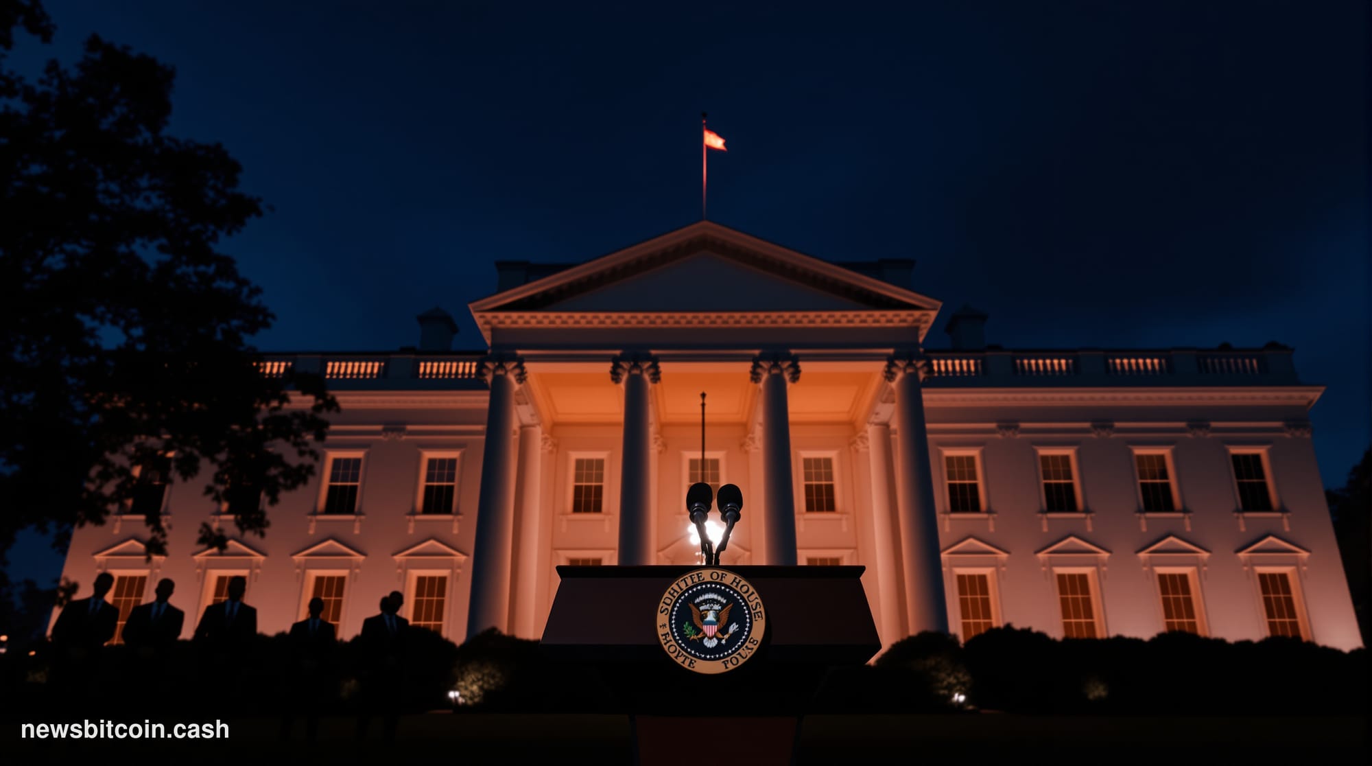 Cinematic photorealistic editorial photograph of the White House's South Portico at dusk, shot from a low angle with dramatic