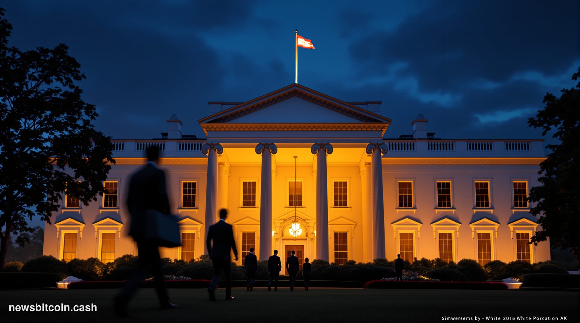 Cinematic photorealistic editorial photograph of the White House's North Portico at dusk, lit by warm golden floodlights agai