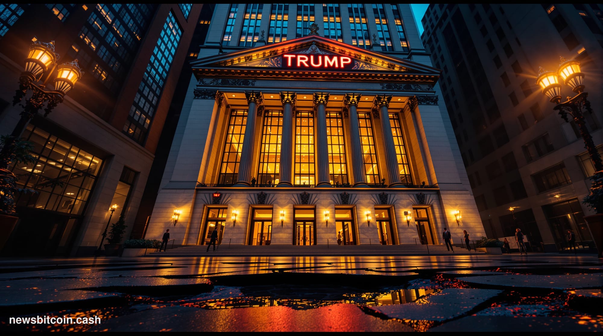 Cinematic photorealistic editorial photograph shot from a low angle looking up at a dramatic marble and glass financial build