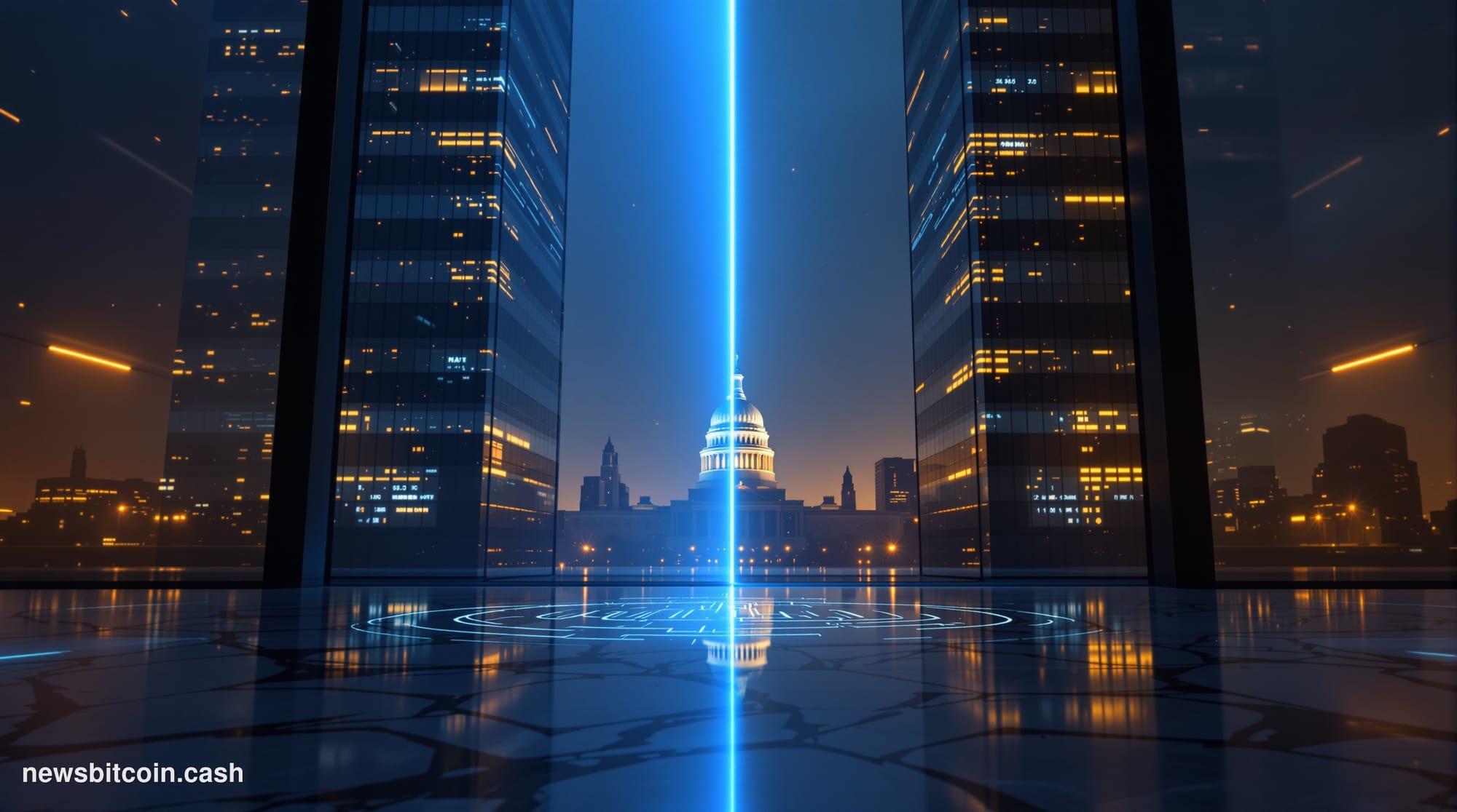 Cinematic photorealistic editorial photograph shot at a low angle looking up at a glass-and-steel financial tower at dusk, sp