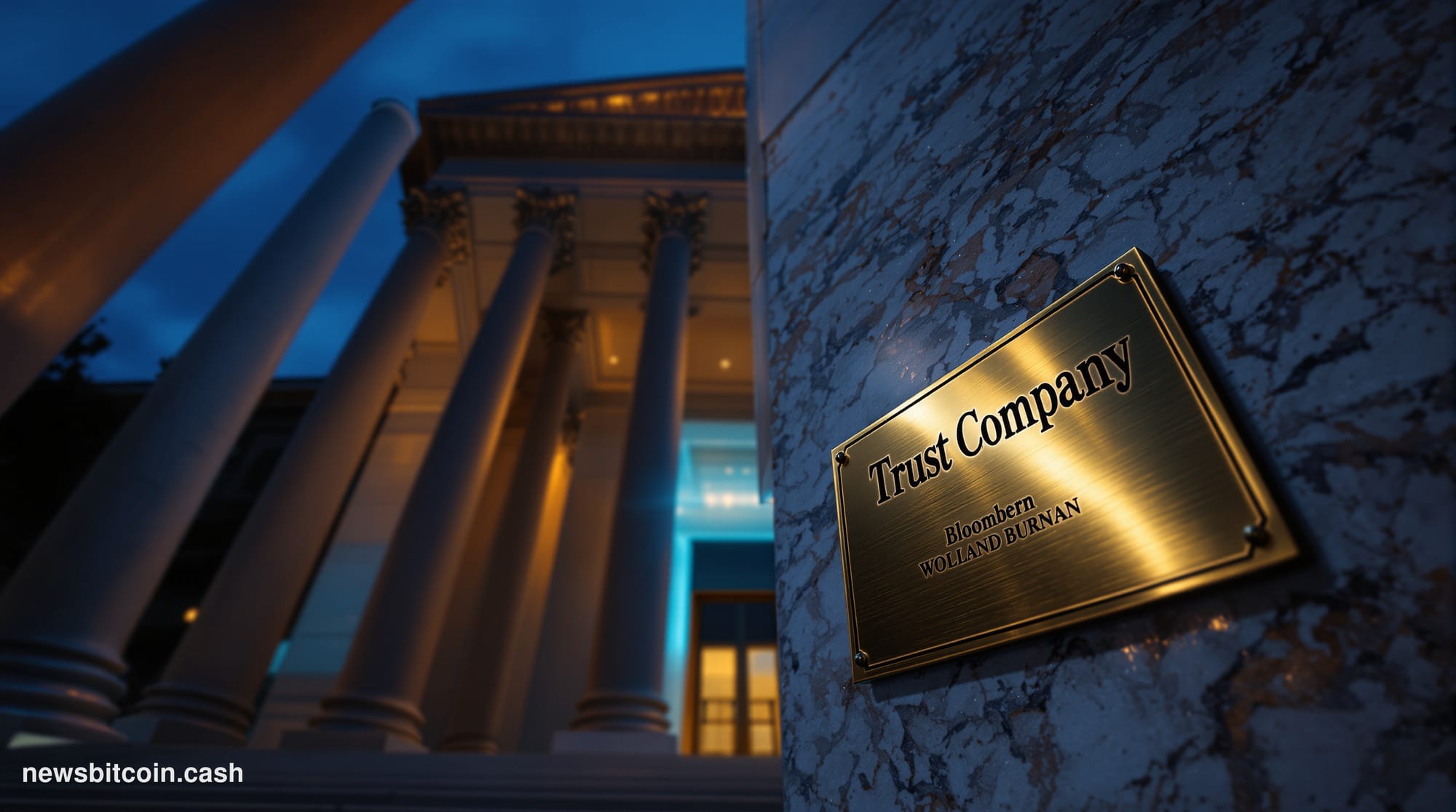 Cinematic photorealistic editorial photograph of a grand neoclassical bank building facade at dusk, marble columns casting lo