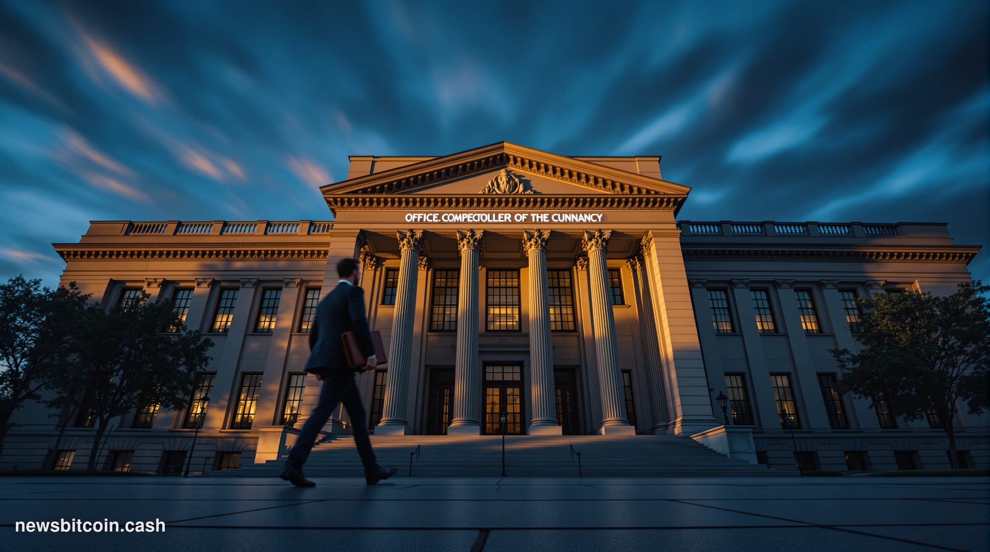 A cinematic photorealistic editorial photograph of the U.S. Office of the Comptroller of the Currency building in Washington 