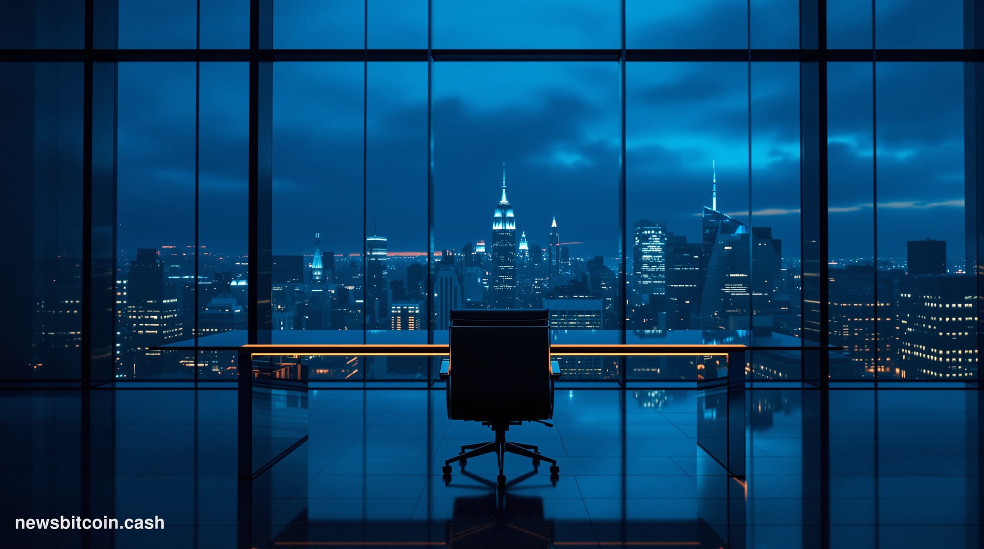 Cinematic photorealistic editorial photograph shot at eye level from a polished corporate lobby interior, dramatic cool-blue 