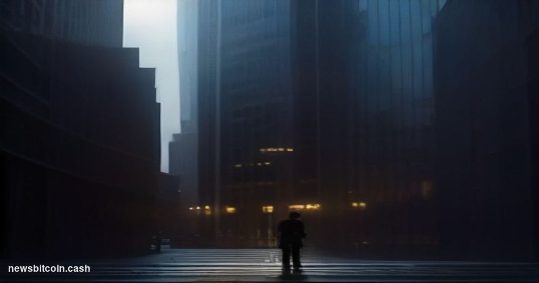 Cinematic photorealistic editorial photograph of a towering glass-and-steel corporate headquarters building shot from a low a