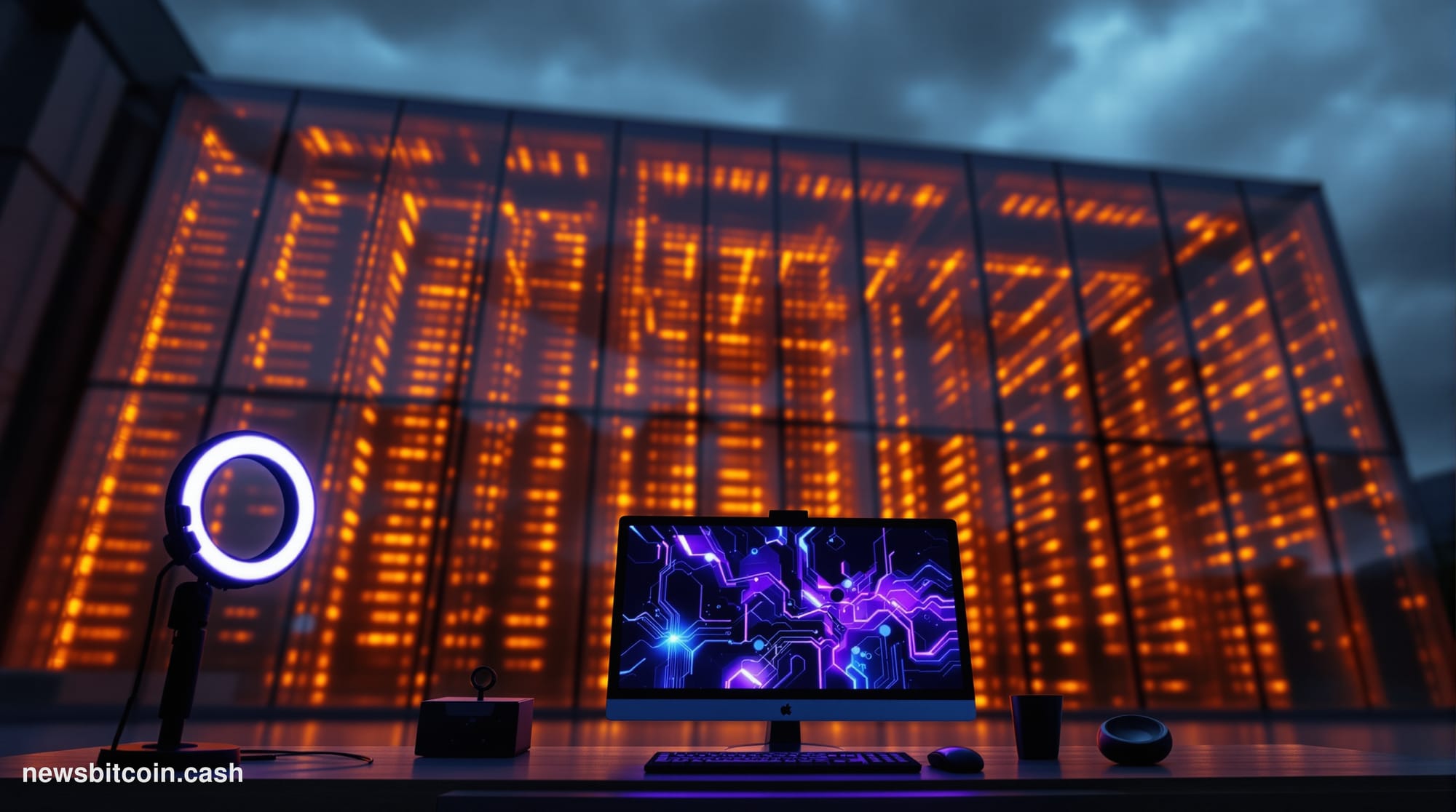 A cinematic photorealistic editorial photograph shot from a low angle looking up at a large corporate data center facade with