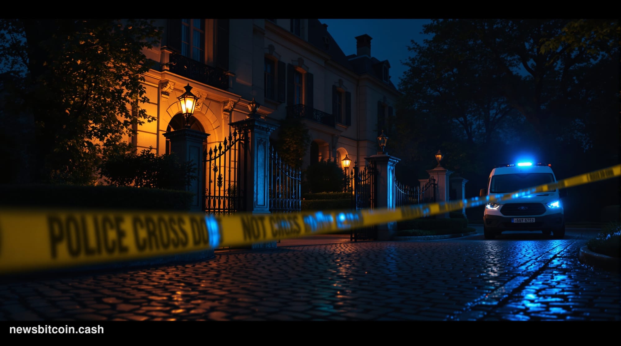 Cinematic photorealistic editorial photograph of a darkened upscale French residential street at night, shot from a low angle