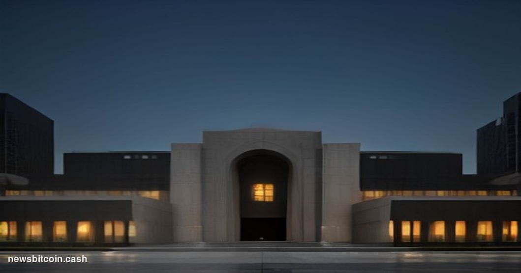 Cinematic photorealistic editorial photograph of the Central Bank of the UAE's imposing modernist headquarters in Abu Dhabi a
