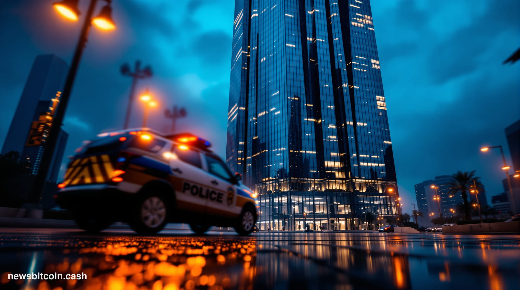 Cinematic photorealistic editorial photograph shot at dusk from a low angle looking up at a gleaming glass-and-steel bank tow