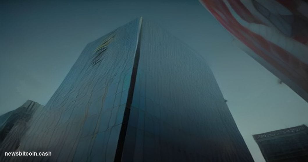 Cinematic photorealistic editorial photograph shot at golden hour from a low angle looking up at the gleaming glass and steel