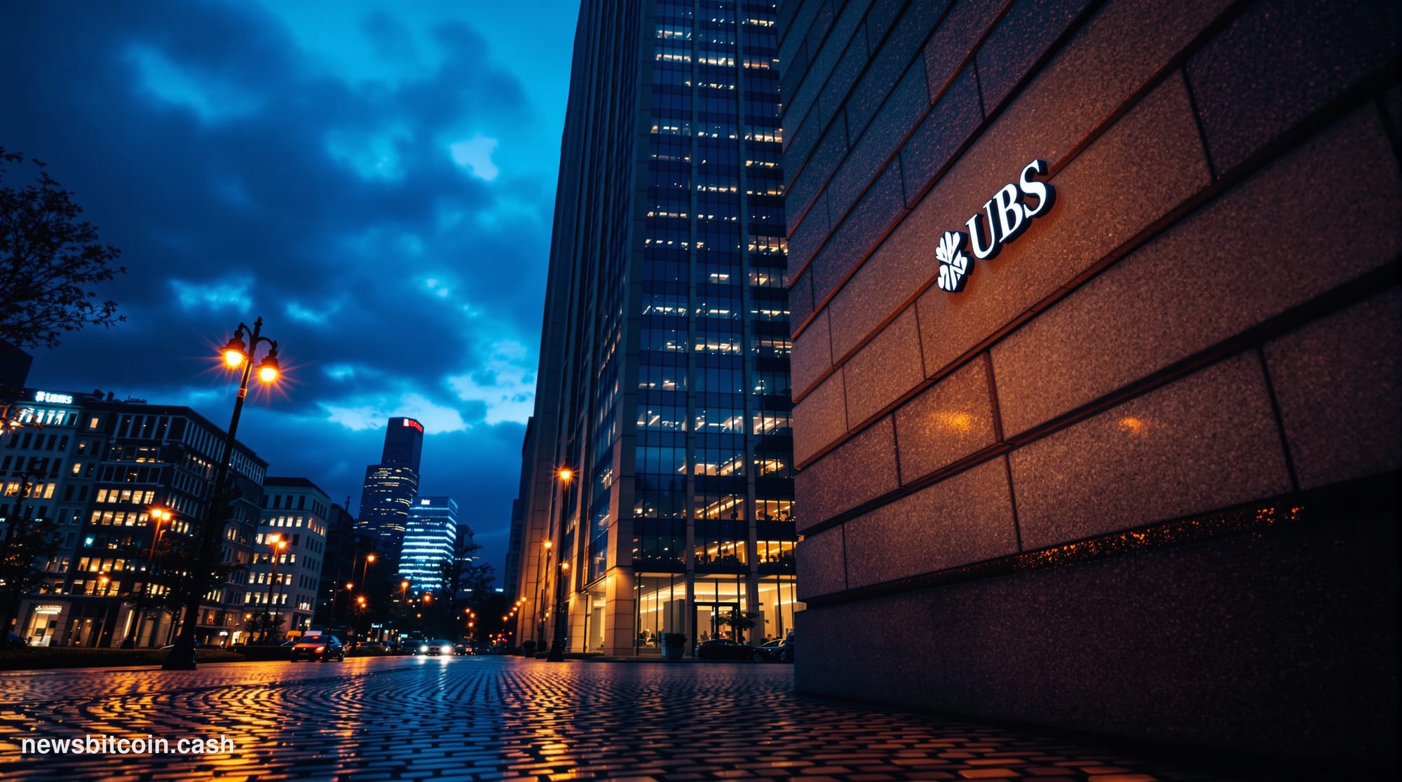 Cinematic photorealistic editorial photograph of UBS's iconic headquarters building in Zurich, Switzerland, shot at dusk with
