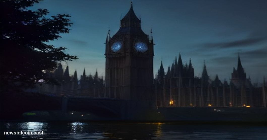 A cinematic photorealistic editorial photograph of the Palace of Westminster in London at dusk, its iconic Gothic towers refl