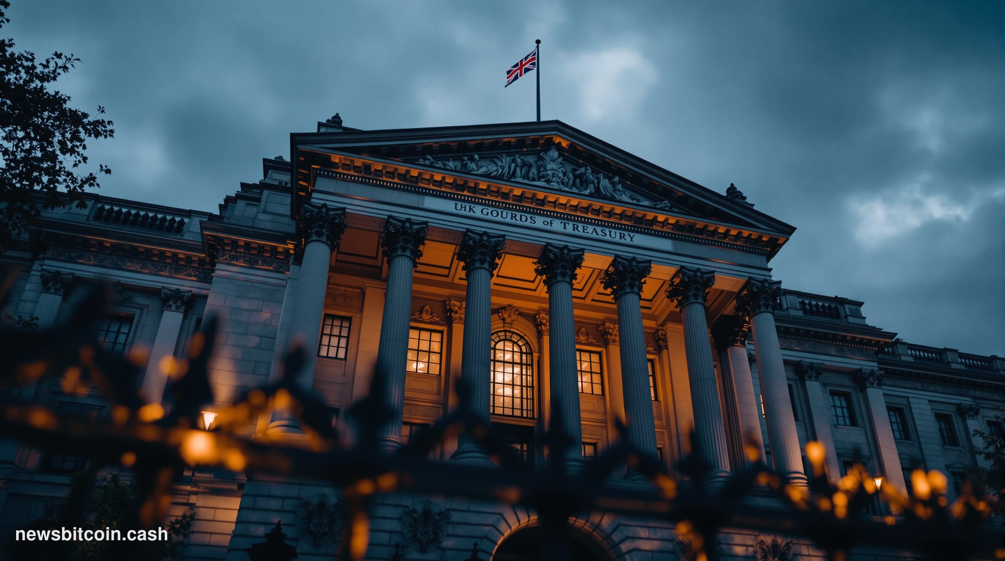 Cinematic photorealistic editorial photograph of the UK Treasury building on Horse Guards Road in London, shot at dusk from a
