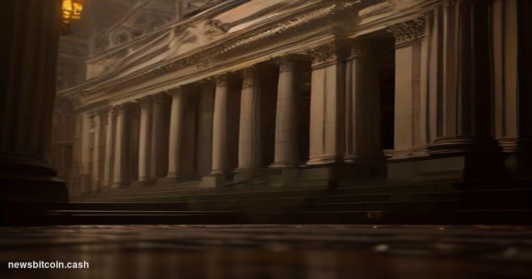 Cinematic photorealistic editorial photograph of the Bank of England's iconic neoclassical Threadneedle Street headquarters i