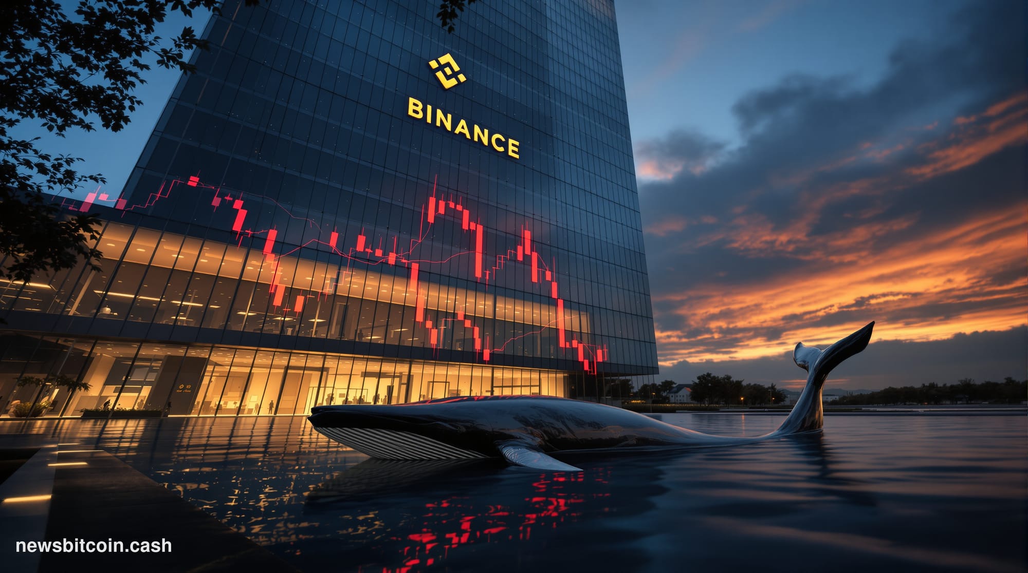 Cinematic photorealistic editorial photograph of the Binance headquarters building exterior at dusk, shot from a low angle lo