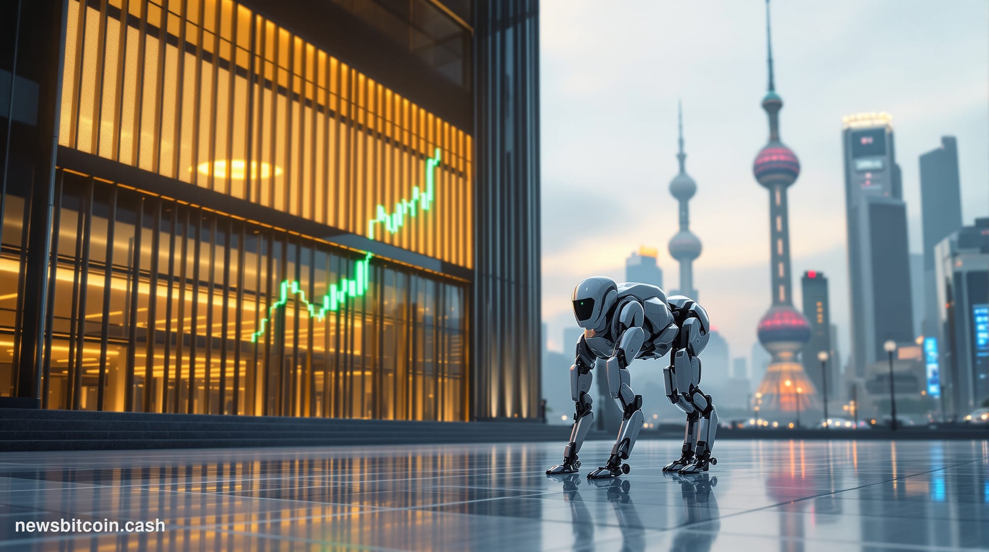 Cinematic photorealistic editorial photograph of the Shanghai Stock Exchange building facade, shot from a low angle looking u