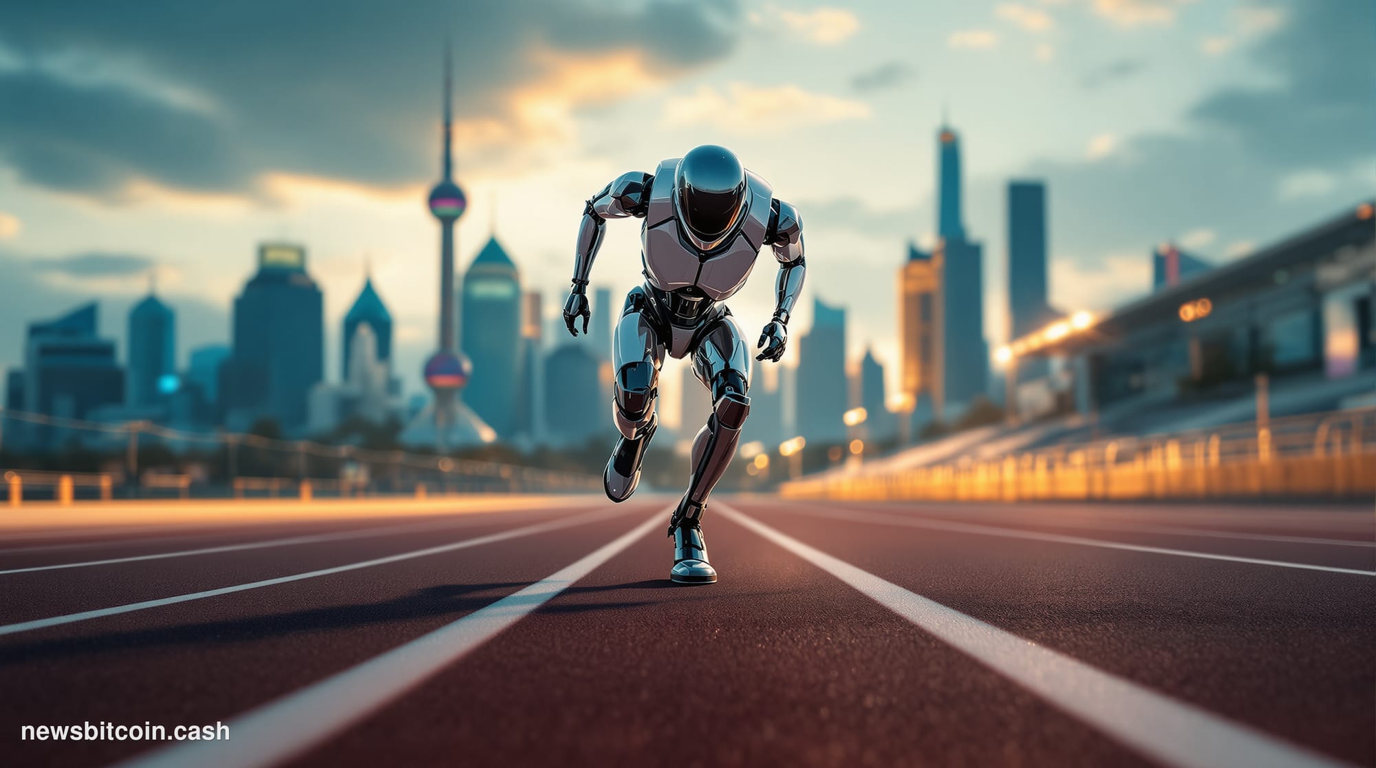 Cinematic photorealistic editorial photograph of a sleek, humanoid bipedal robot mid-sprint on a professional athletic track,