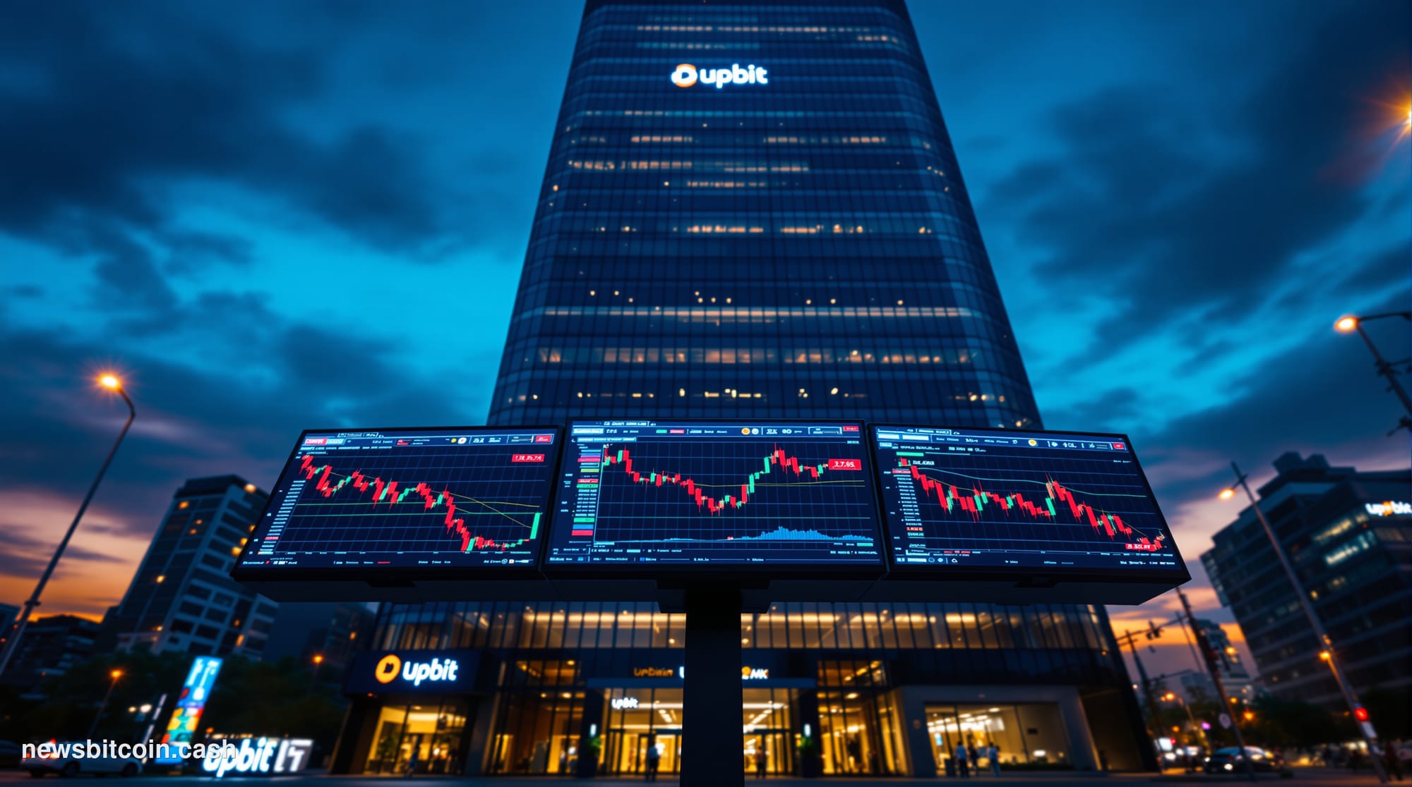 A cinematic photorealistic editorial photograph of the Upbit exchange headquarters in Seoul, South Korea, shot at dusk with d