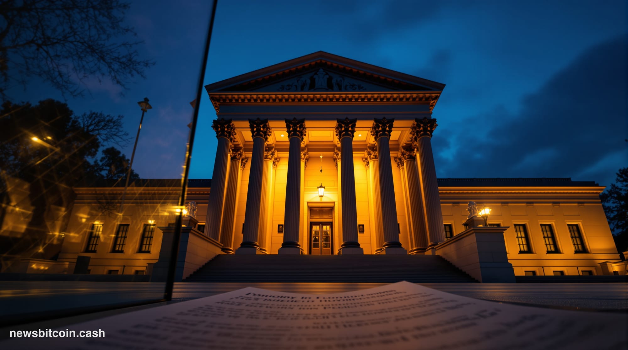 Cinematic photorealistic editorial photograph of a stately American federal courthouse exterior shot from a low angle at dusk