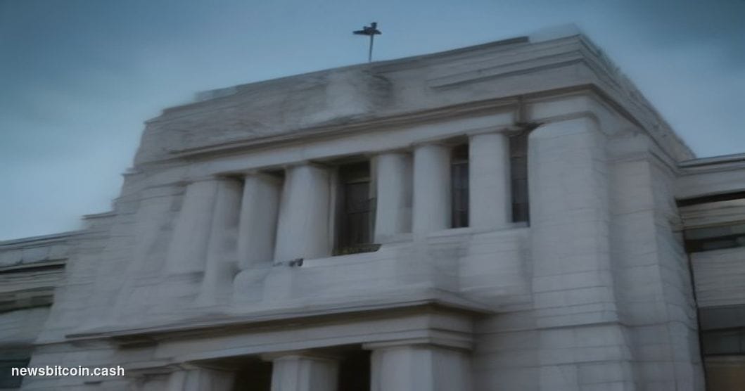 Cinematic photorealistic editorial photograph of the exterior of the Federal Reserve building in Washington D.C., shot at dus