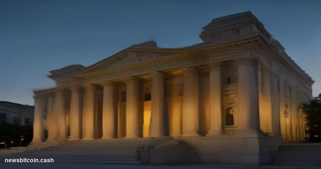 Cinematic photorealistic editorial photograph of a grand neoclassical American bank building facade — heavy stone columns, br