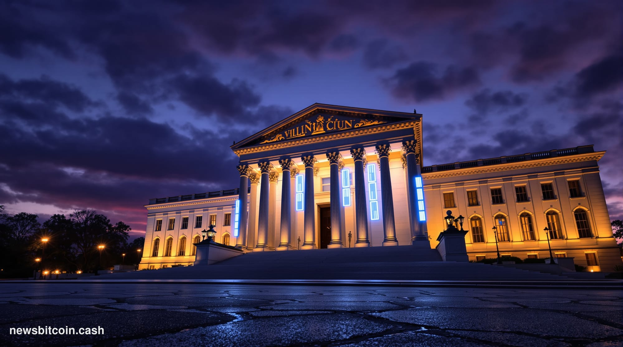 Cinematic photorealistic editorial photograph of the US Treasury Department building in Washington D.C. at dusk, shot from a 